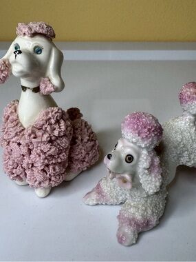 Vintage Japan Pink and White Mid Century Ceramic Spaghetti Poodle Pair